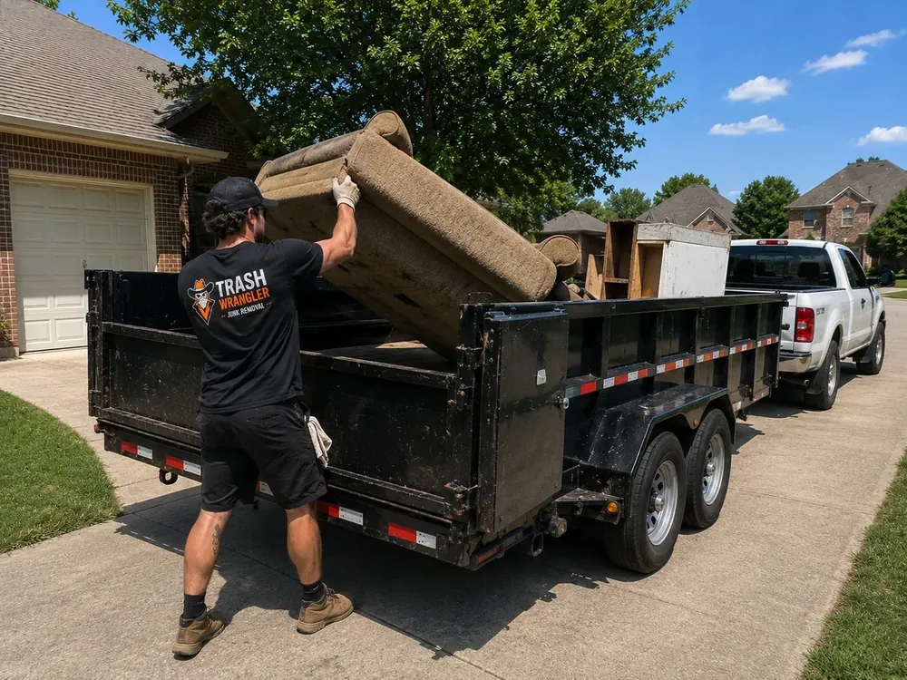 Casey, owner of Trash Wrangler Junk Removal, loading carpet and junk into a dump trailer at a job in the OKC metro area