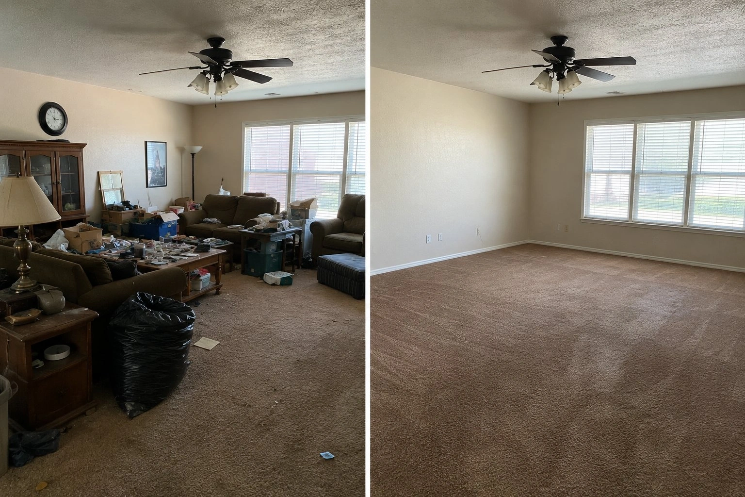 Before and after living room cleanout in Oklahoma City